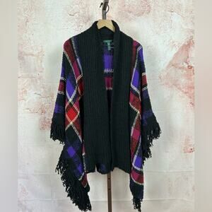 LAUREN RALPH LAUREN plaid fringe poncho cardigan sweater size L XL preppy knit